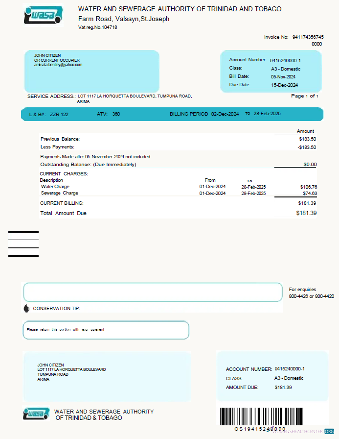 download download Trinidad and Tobago WASA utility bill template in Word and PDF formats PDF template PDF template